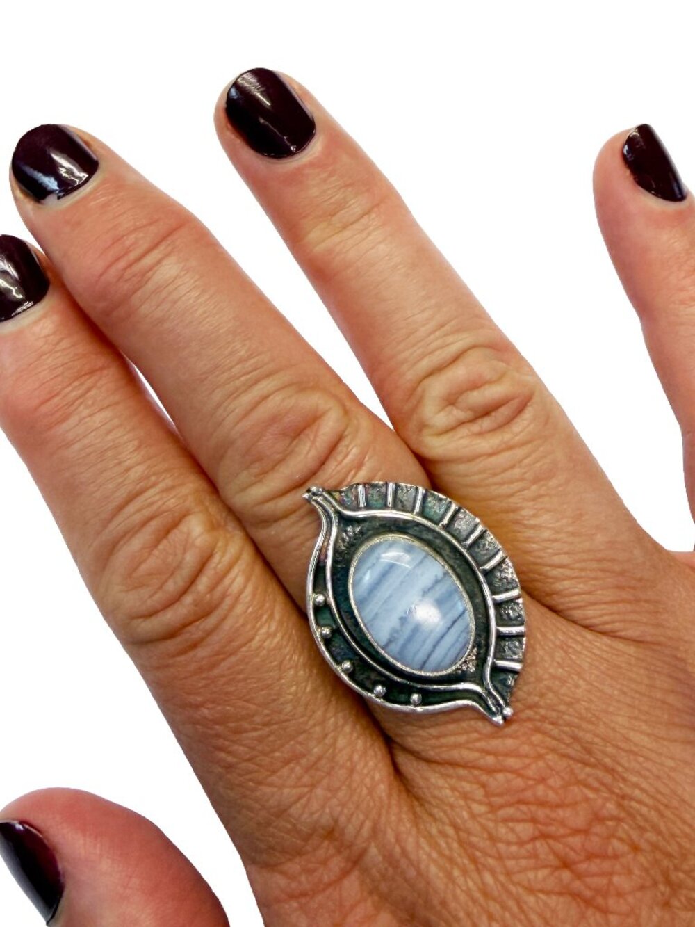Natural Blue Lace Agate Gemstone 925 Sterling Silver Ring - Adjustable
